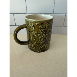 Vintage Secla Portugal Olive Green Pottery Mug Folk Art Bird Medallion MCM